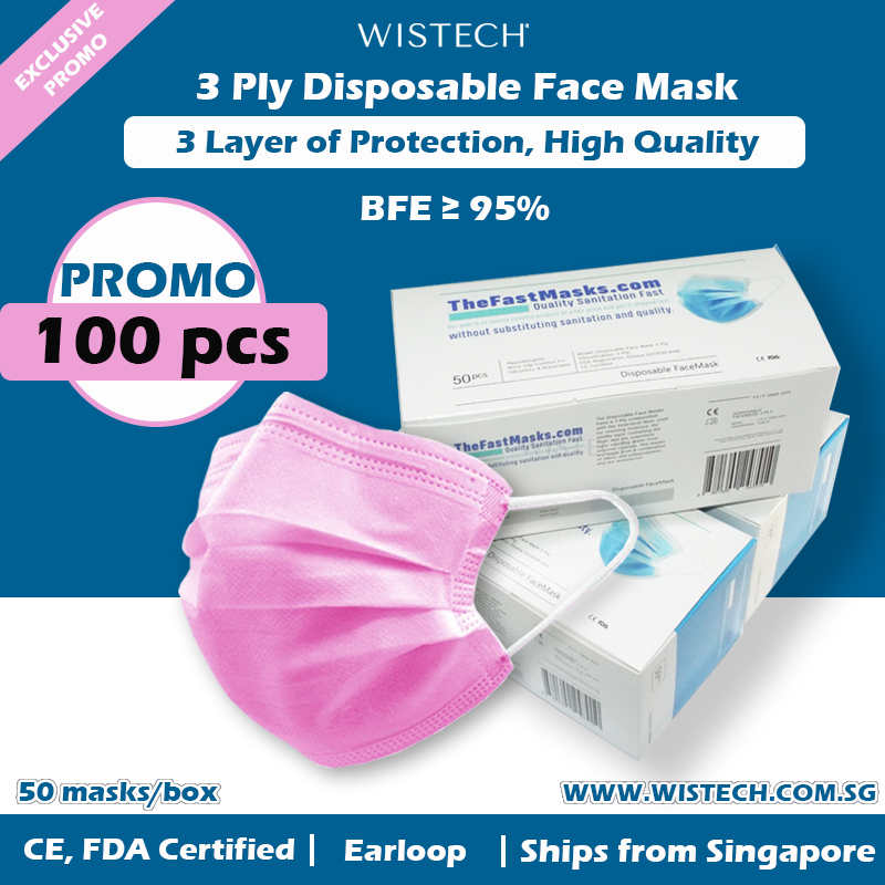 [EXCLUSIVE PROMO Singapore Ready Stock - 2 Boxes 100pcs ] 3 Ply Disposable Face MASK, TheFastMask, 50 pieces, FDA CE Approved, Medical Mask, Fast delivery, Delivery from Singapore , Blue/Pink/White