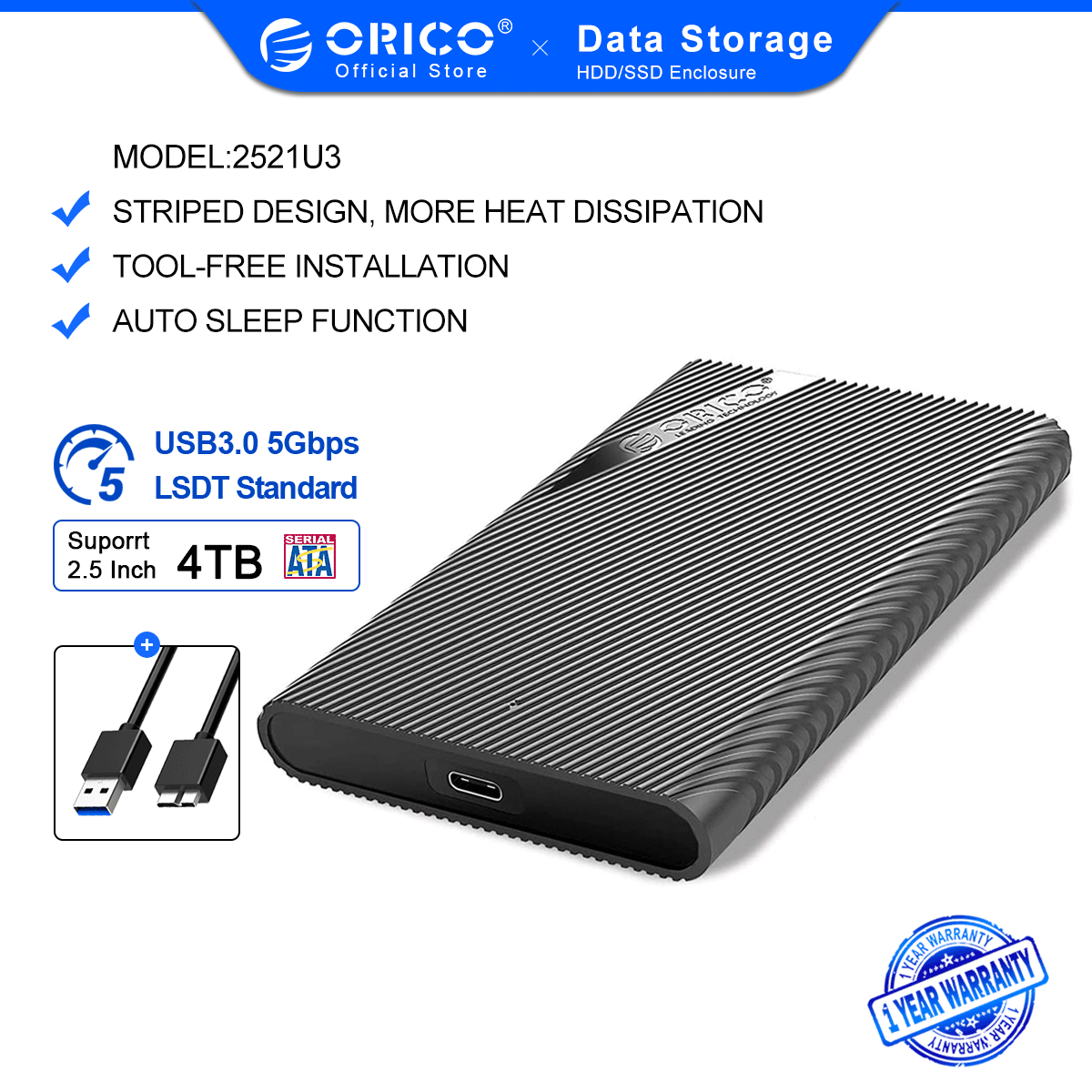 ORICO SATA to USB 3.0 Adapter External Hard Disk Case SSD HDD Enclosure 5Gbps Tool-free for 9.5mm 7mm 2.5" SATA HDD SSD(2521U3/2521C3)