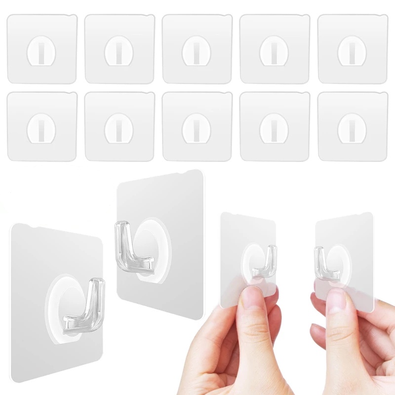 10pcs Transparent Strong Adhesive Wall Hooks,Self Adhesive Door Wall Hanger Hook,Sticky Waterproof Kitchen Bathroom Storage Organizer Rack