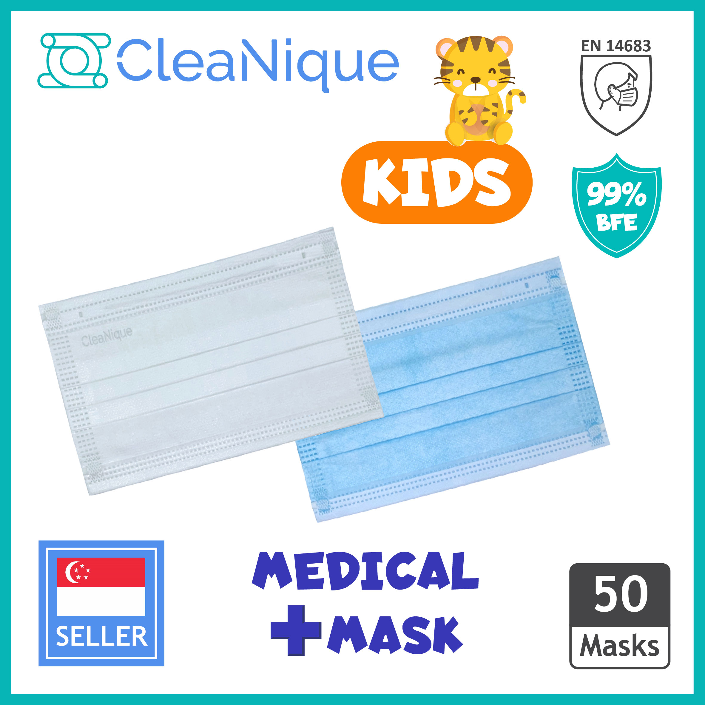 CleaNique 3-Ply * Kids * Medical Face Mask EN 14683 SGS BFE 99% Flat Ear Loop 50 Pcs
