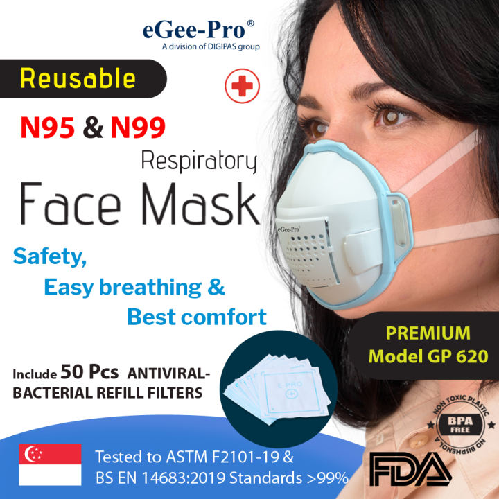 eGeePro Reusable N95/99-Grade MASK (Premium Model GP620) + 50 Pcs ANTIVIRAL Refill Filters to Protect Against VIRUS at CROWDED AREAS; Shopping, MRT, Schools, Offices - DISCOUNT 35% OFF [LIMITED TIME]