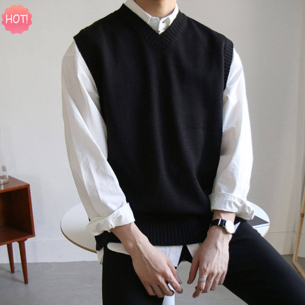 LUX ANGNER Sweater Vest Men Simple All-match V-neck Solid Sleeveless Sweaters Men Basic Cozy Korean Style Ins Leisure Knitted Pullover Sweater