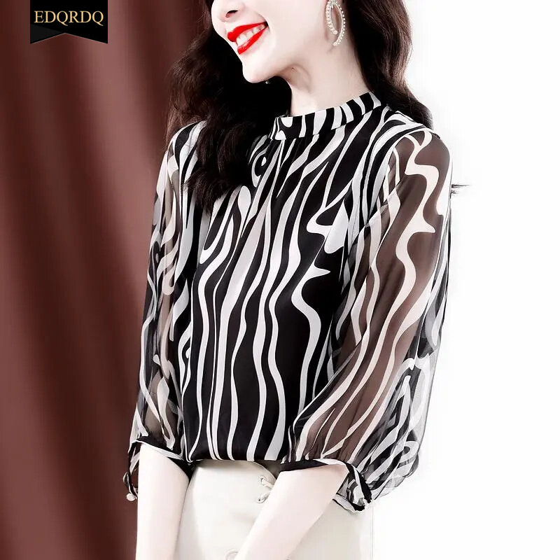 EDQRDQ Womens Round Neck Striped 3/4 Sleeve Elegant Chiffon Blouses Top