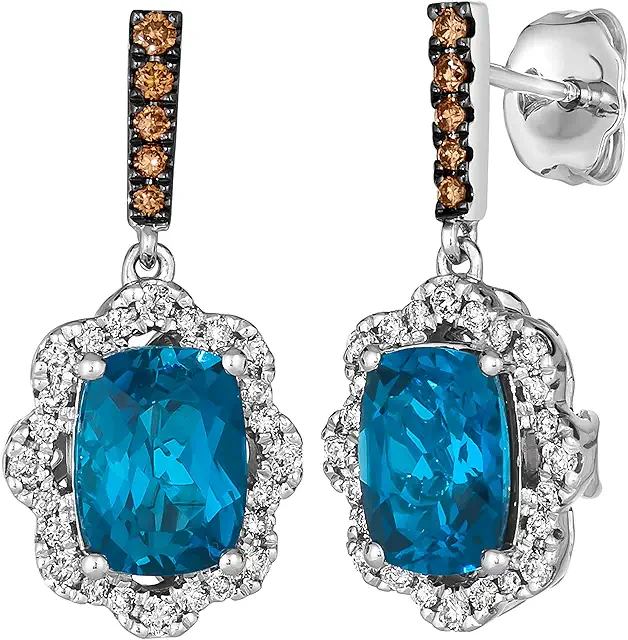 LE VIAN 2/5 Carat Diamond and 2 1/2 Carat Cushion Cut Blue Topaz Drop Earrings for Women in 14k White Gold