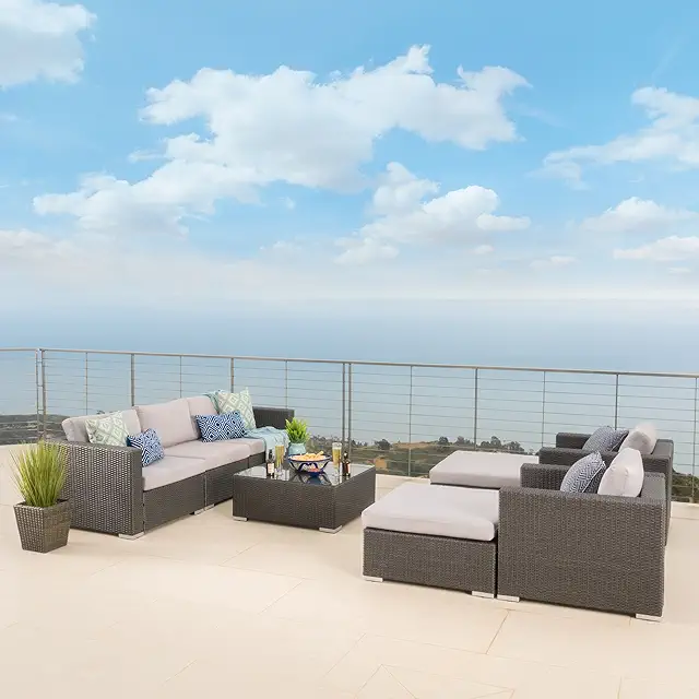 Santa Rosa Outdoor Wicker 5-Seater Chat Set with Aluminum Frame and Water Resistant Cushions, Grey / Silver