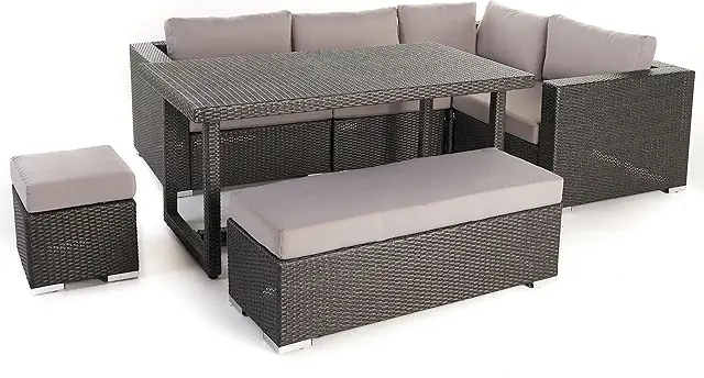 Santa Rosa Outdoor 7-Seater Dining Sofa Set with Aluminum Frame and Water Resistant Cushions, Grey / Silver Cushions